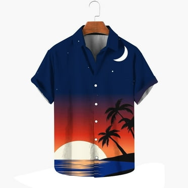 Ayolanni Tropical Print Men Hawaiian Shirts Short Sleeves Blue Button-up Shirts Summer Holiday Tops Size L