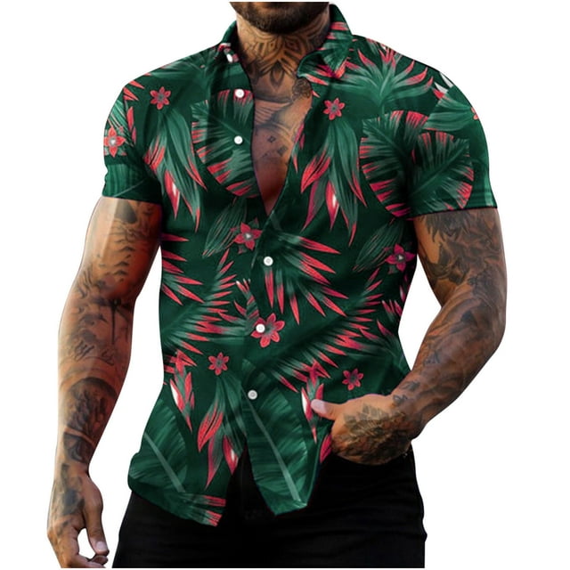 Ayolanni Tropical Print Mens Hawaiian Shirt Short Sleeves Green Casual ...