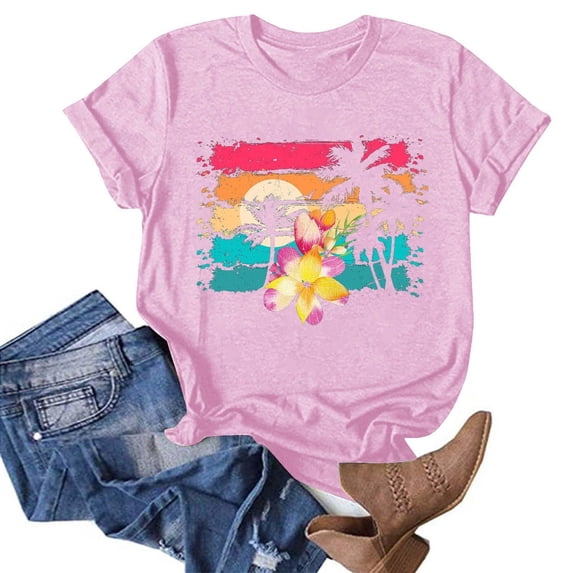 Ayolanni Tropical Print Summer Blouses for Women Beach Short Sleeve Tunic Crew Neck Blouse Oversized Vacation Shirts Summer Tops Pink XL