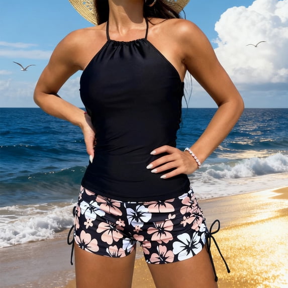 Ayolanni Tummy Control Women's Tankini Swimsuits Drawstring High Waisted Solid Two Piece Swimwear Halter Push-Up Beach Bathing Suit Swim Top with Shorts L