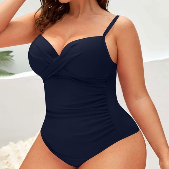 Ayolanni Twist Front Girls Swimsuit Tummy Control One-Piece Push-Up Swimwear Backless Solid Ruched Fashion Spaghetti Straps Bathing Suit Blue XL