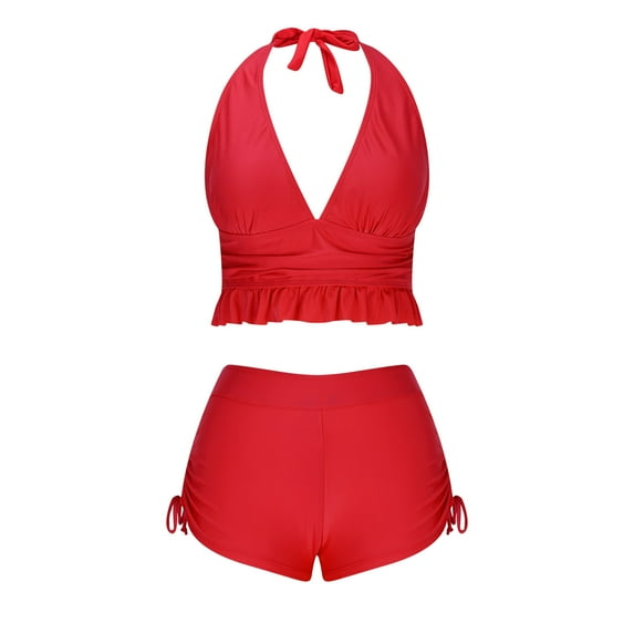 Ayolanni Two Piece Tankini Swimsuits for Women Tie Solid High Waisted Swimwear Halter Summer Ruffled Push-Up Bathing Suit Swim Tops with Boy Shorts Red M