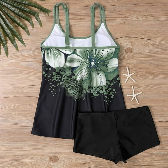 Ayolanni Two Piece Tankinis Swimwear for Women Adjustable Straps High Waisted Printed Swimwear Hawaiian Summer Padded Bathing Suit Swim Top with Bottom Green S