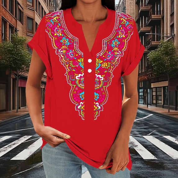 Ayolanni V-Neck Basic Tees for Women Casual Short Sleeve Office Printed Blouse Rolled Tunic Button Down Fitted Shirts Womens Summer Tops Red L