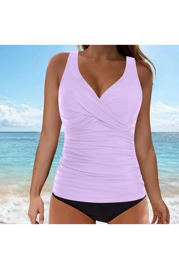 V-Neck Bikinis for Women Tankinis Modest Separate Purple Solid Padded Two-Piece Sets Juniors Swimsuit Set XL