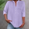 thumbnail image 1 of Ayolanni V-Neck Blouses for Women Short Sleeve Button Down Solid 100% Cotton Blouse Plus Size Casual Pockets Tees Womens Summer Tops Purple L, 1 of 7