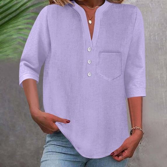 Ayolanni V-Neck Blouses for Women Short Sleeve Button Down Solid 100% Cotton Blouse Plus Size Casual Pockets Tees Womens Summer Tops Purple L