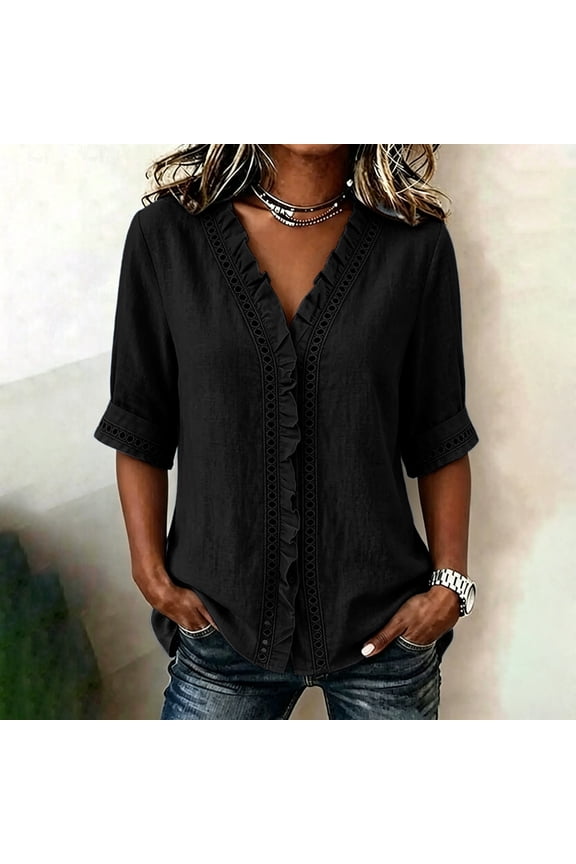 V-Neck Blouses for Women Solid Short Sleeve Ruffled Blouse Puff Fitted Eyelet Casual Shirts Tops for Women 2026 Black S