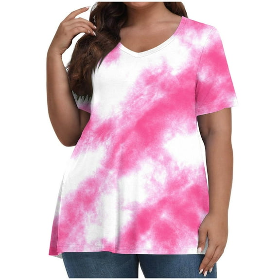 Ayolanni V-Neck Casual Blouses for Women Short Sleeve Tie Dye Plus Size Pink T-Shirts Shirts for Teens 2x