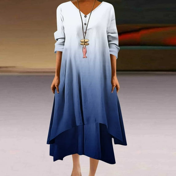 Ayolanni V-Neck Classy Dresses for Women Blue Long Sleeve Ombre Maxi Dresses Dresses for Juniors Plus Size S