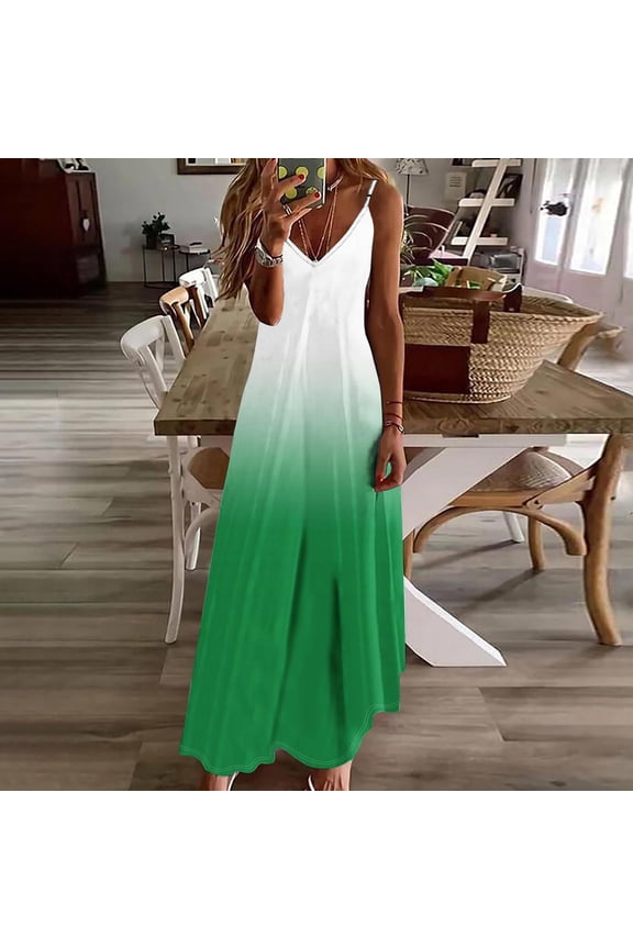 V-Neck Classy Dresses for Women Green Ombre Sleeveless Maxi Dresses Dresses for Teens for Church L