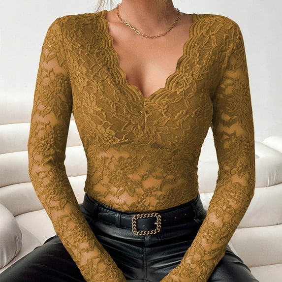 Ayolanni V-Neck Cute Fall Tops for Women Lace Long Sleeve Yellow Pullover Solid Blouses Tunic for Women M