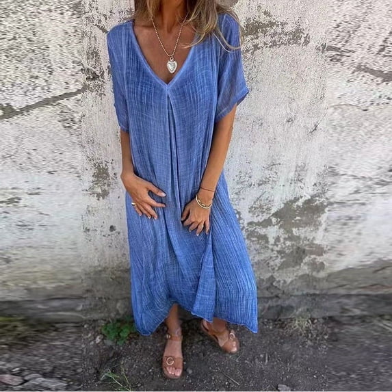 Ayolanni V-Neck Dresses for Women Solid Casual Short Sleeve Maxi Shift Dress Ladies Cotton Linen Daily Textured Loose Sundress Blue L