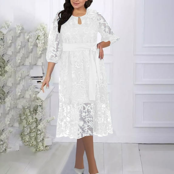 Ayolanni V-Neck Evening Dresses for Women Plus Size White Long Sleeve Solid Midi Dresses Girls Dresses 3x