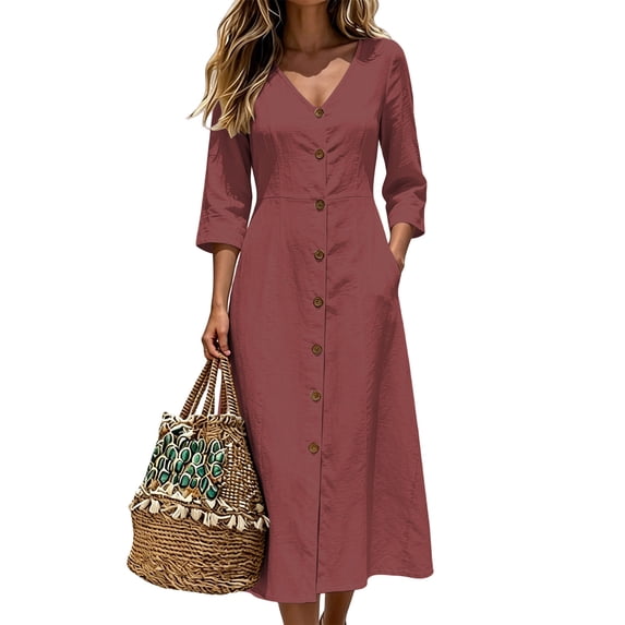 Ayolanni V-Neck Fall Dresses Solid 3/4 Sleeve A-Line Maxi Dress Cotton Elegant Button Down Wedding Guest Long Dress with Pockets Red L