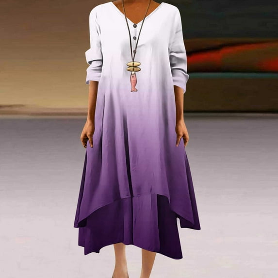 Ayolanni V-Neck Holiday Dresses for Women 2025 Purple Long Sleeve Ombre Maxi Dresses Tween Dresses XL