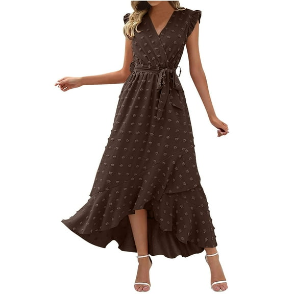 Ayolanni V-Neck Party Dresses for Women Plus Size Elegant Brown Solid Sleeveless Maxi Dresses Girls Holiday Dresses M