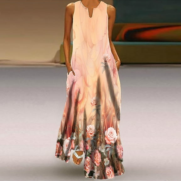 Ayolanni V-Neck Plus Size Dresses for Women Orange Vacation Sleeveless Ombre Maxi Dresses Dresses for Girls 2x