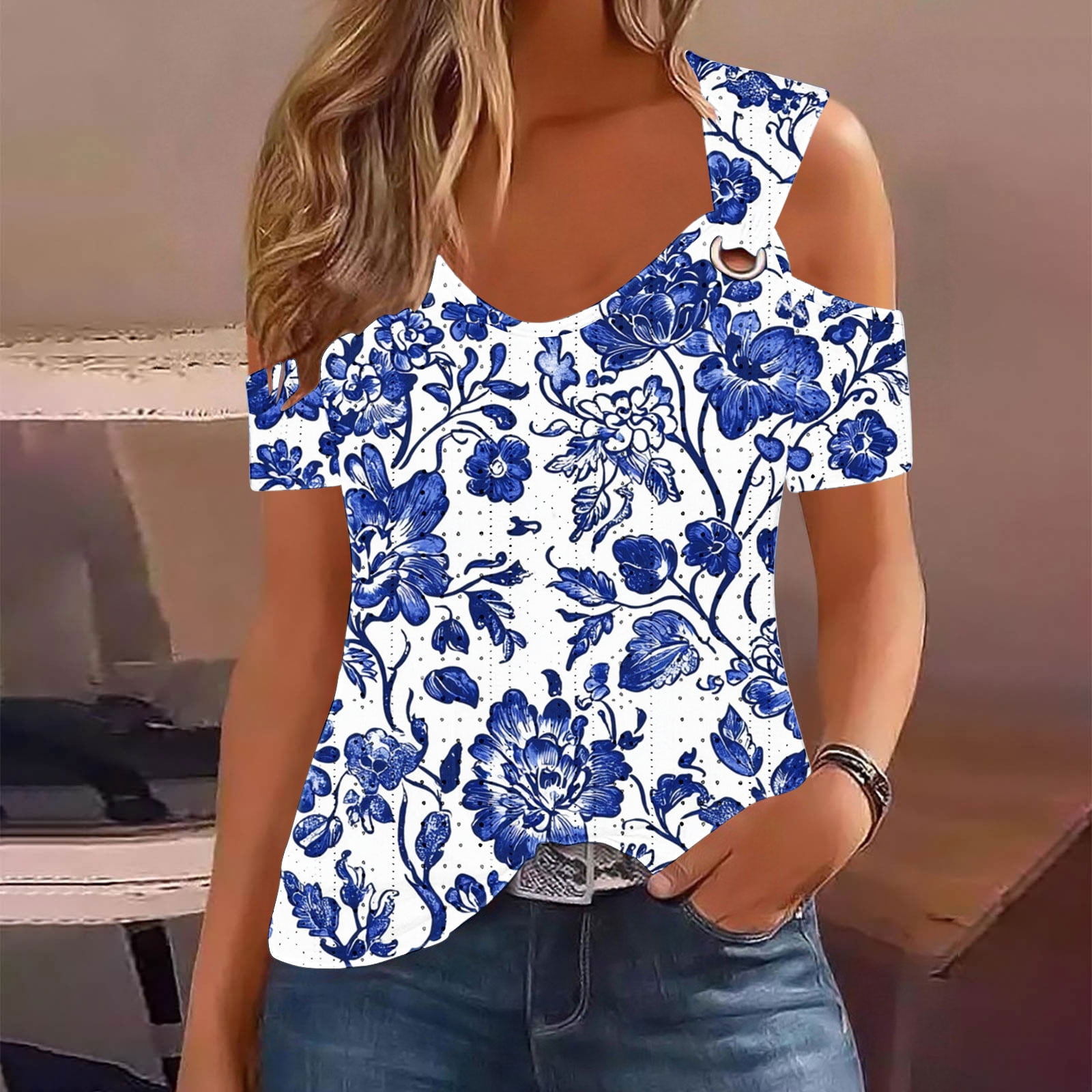 Ayolanni V-Neck Shirts for Women Short Sleeve Boho Shirts Lightweight ...