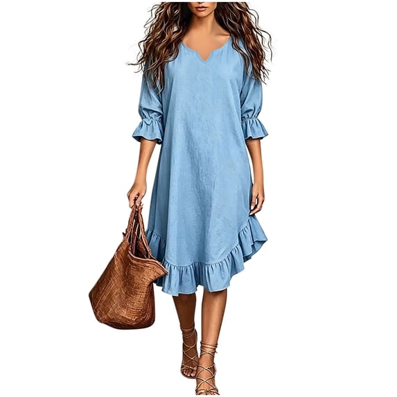 Ayolanni V-Neck Spring Dresses for Women 3/4 Sleeve Lightweight Solid Flutter Sleeve Maxi A-Line Dress Straight Ruffle Hem Vacation Flowy Sundress Blue M