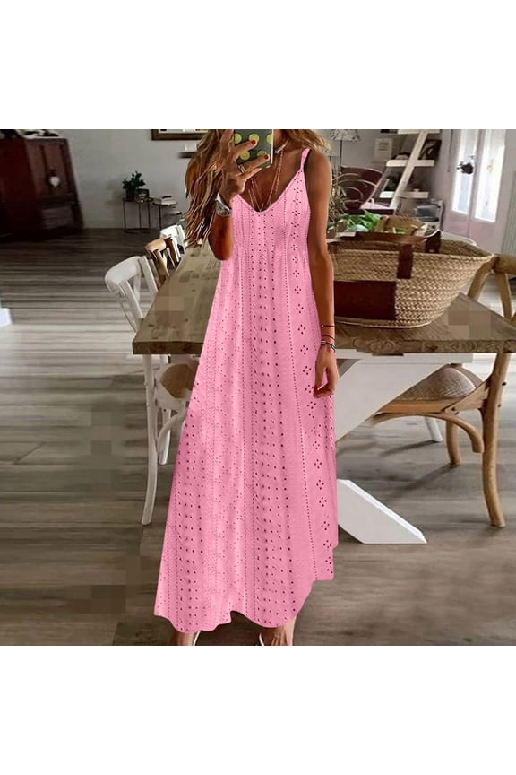 V-Neck Summer Dresses for Women 2025 Vacation Pink Sleeveless Solid Maxi Dresses Girls Holiday Dresses S