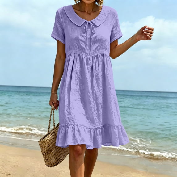 Ayolanni V Neck Summer Dresses for Women 2026 Solid Short Sleeve A-Line Midi Dress Travel Beach Flowy Cotton Linen Dress Purple M