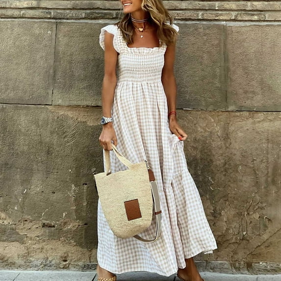 Ayolanni V-Neck Summer Dresses for Women Khaki Ankle-Length Plaid Sleeveless Vacation Dresses Junior Dresses M