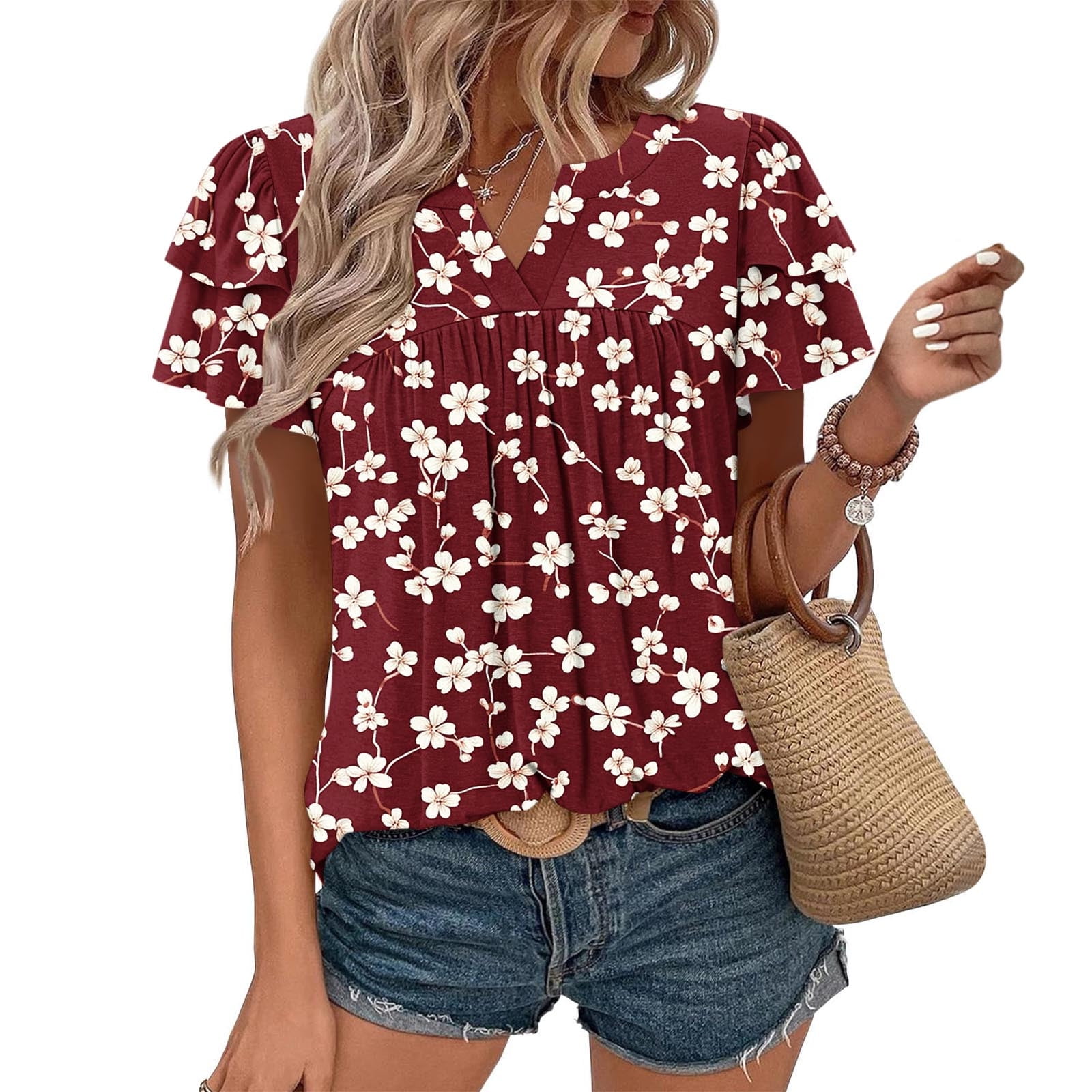 Ayolanni V-Neck Summer Shirts for Women Floral Print Short Sleeve ...