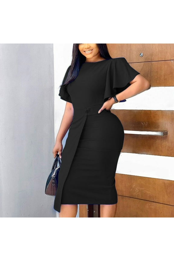 V-Neck Sun Dresses Women Black Plus Size Flutter Solid Long Sleeve Bodycon Dresses Junior Dresses 2x