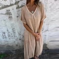 thumbnail image 1 of Ayolanni V-Neck Sundresses for Women Short Sleeve Casual Solid Maxi Shift Dress Cotton Linen Ladies Daily Loose Textured Sundress White L, 1 of 7