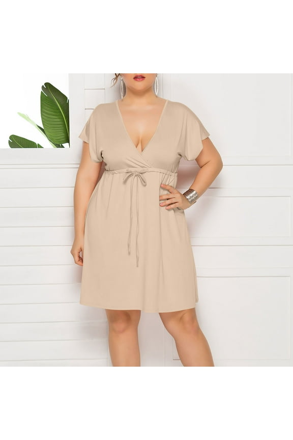 V-Neck Women Dresses Plus Plus Size Knee-Length Khaki Short Sleeve Solid Bodycon Dresses Ladies Dresses XL