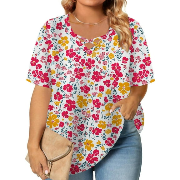 Ayolanni V-Neck Women Shirts Casual Short Sleeve Plus Size Floral Print T-Shirts Shirts for Teen Girls XL