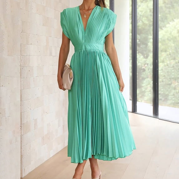Ayolanni V-Neck Women Summer Dresses Flowy Vacation Solid Sleeveless Maxi A-Line Dress Swing Ruffled Wedding Guest Off the Shoulder Sundress Green M