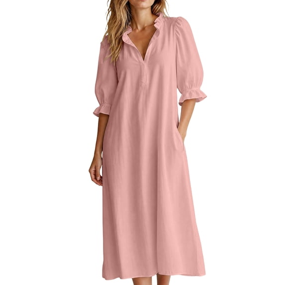 Ayolanni V-Neck Women Summer Dresses Flutter Sleeve Short Sleeve Dressy Solid Maxi Shift Dress Ruched Workout Knee Length Wedding Guest Flowy Sundress Pink S