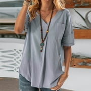 Ayolanni V-Neck Women Tops Gray Short Sleeve Tunics Asymmetrical Hem Solid Tops Size L