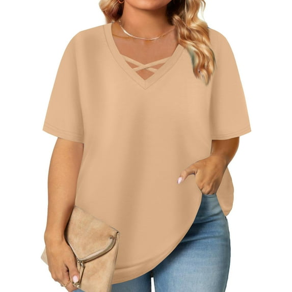 Ayolanni V-Neck Women's Blouse Plus Size Short Sleeve Khaki Solid T-Shirts Ladies Shirts and Blouses 2x