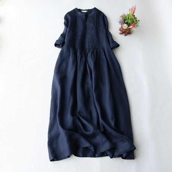 Ayolanni V-Neck Women's Dresses Cotton Linen Blue Ankle-Length Baggy Short Sleeve Solid Dresses Girls Holiday Dresses XL