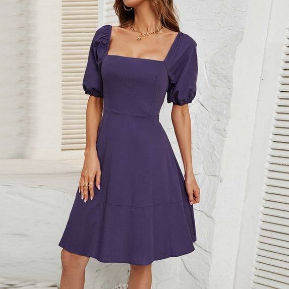 Ayolanni V-Neck Womens Casual Dresses Knee-Length Gray Puff Short Sleeve Solid Dresses Tween Dresses S