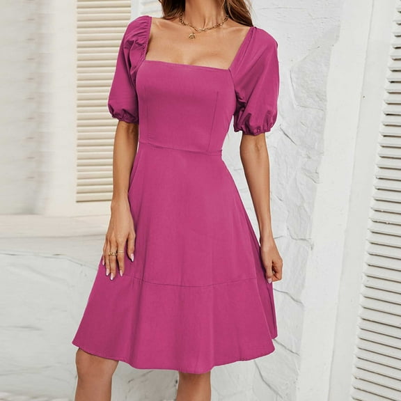 Ayolanni V-Neck Womens Party Dresses Pink Knee-Length Solid Puff Short Sleeve Dresses Junior Dresses S