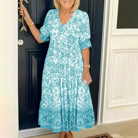 Ayolanni V-Neck Womens Party Dresses Vacation Green Floral Print Short Sleeve Maxi Dresses Dresses for Girls 5x