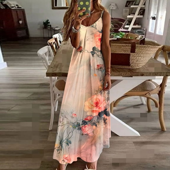 Ayolanni V-Neck Womens Plus Size Dresses Vacation Floral Print Sleeveless Maxi Dresses Dinner Dresses for Women 2025 L