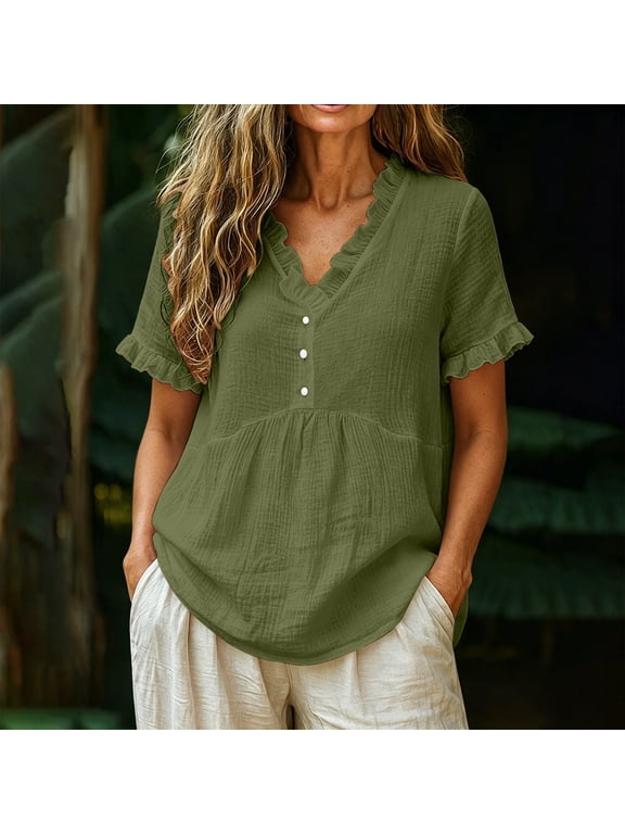 V-Neck Womens T Shirts Solid Ruffled Short Sleeve Blouse Ruched Fitted Flutter Dressy Shirts Womens Tees Green S