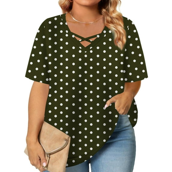 Ayolanni V-Neck Work Blouses for Women 5 Polka Dot Short Sleeve Plus Size Green T-Shirts Ladies Blouses 3X