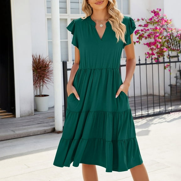 Ayolanni Vacation Dresses for Plus Women Green V-Neck Short Sleeve Flutter Solid Midi Dresses Ladies Dresses 2x