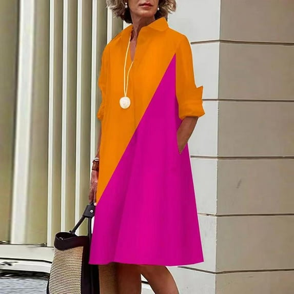 Ayolanni Vacation Dresses for Women 2025 Below The Knee Orange Colorblock Long Sleeve Shirt Dresses Junior Dresses S