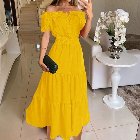 Ayolanni Vacation Dresses for Women Off-The-Shoulder Yellow Solid Short Sleeve Puff Maxi Dresses Teen Girl Dresses L
