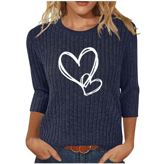 Ayolanni Valentine's Women's Sweatshirt Light Weight 3/4 Sleeve Loose Blue Heart Round Neck Blouses Womens T Shirts S
