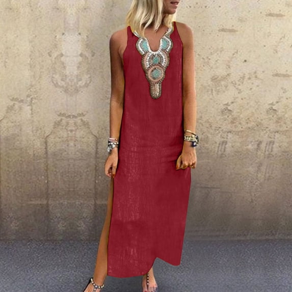 Ayolanni Vintage Dresses for Women 2026 Long Solid Color V-Neck Tank Dress Sleeveless Loose Cotton Linen Beach Sundress L