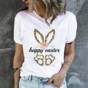 Ayolanni White Easter Bunny Shirts for Women Easter Day Cute Printed Blouse Shirt Spring Short Sleeves Pullovers Size M