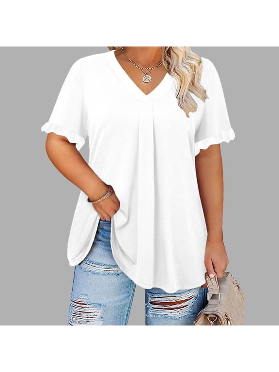 White Plus Size Womens Tops Short Sleeve V-Neck Plus Size Flutter Solid T-Shirts Girls'Tops, Tees & Blouses XL